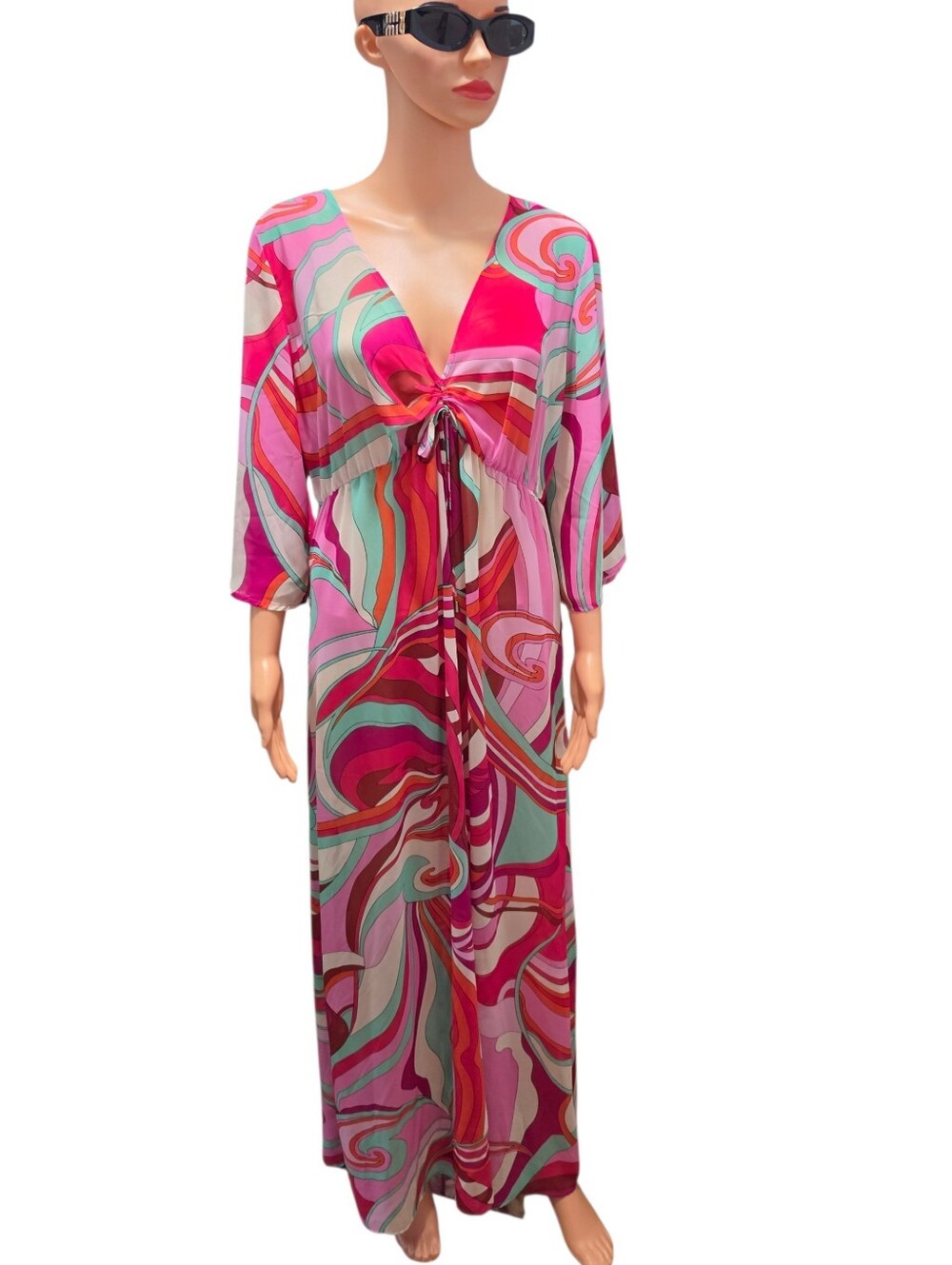 Nikki Poullos 70s Retro Psychedelic Swirl Bohemian Chic Empire Waist Maxi Dress